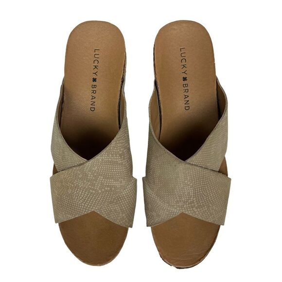 Lucky Brand Wedge Neeka Sandals Snake Skin Print Tan Cream Leather Upper 9M - Picture 1 of 16
